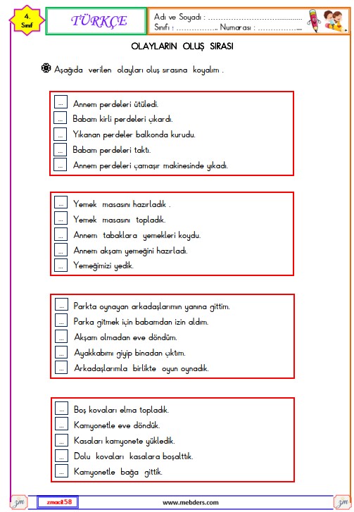 4. Sınıf Türkçe Olayların Oluş sırası Etkinliği 1